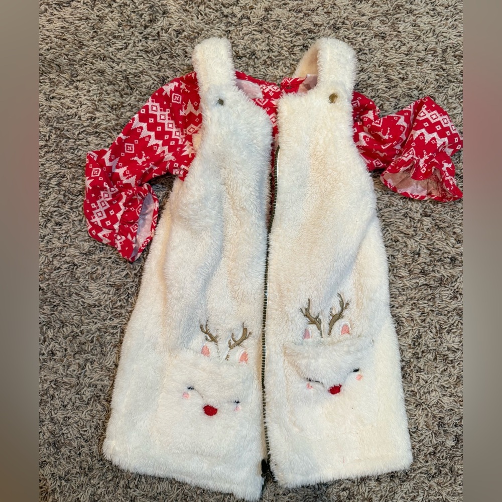 Little Lass White Furry Vest with Reindeer Design